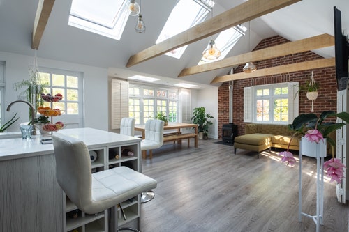 open plan space and exposed beams